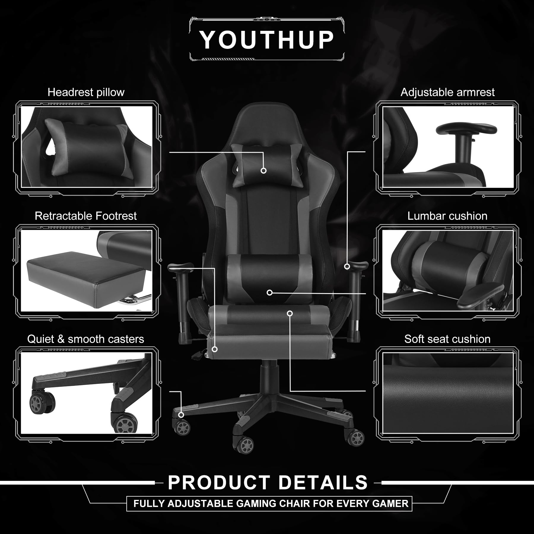 Gaming Chair with Speakers, Video Game Chair with RGB LED Lights, Footrest, Ergonomic Racing Computer Gaming Recliner Chair Swivel E-Sports Chair with Lumbar Support Headrest Armrest, Black