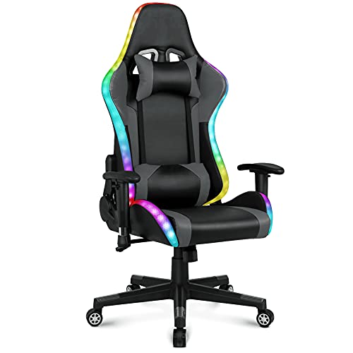 Gaming Chair with Speakers, Video Game Chair with RGB LED Lights, Footrest, Ergonomic Racing Computer Gaming Recliner Chair Swivel E-Sports Chair with Lumbar Support Headrest Armrest, Black