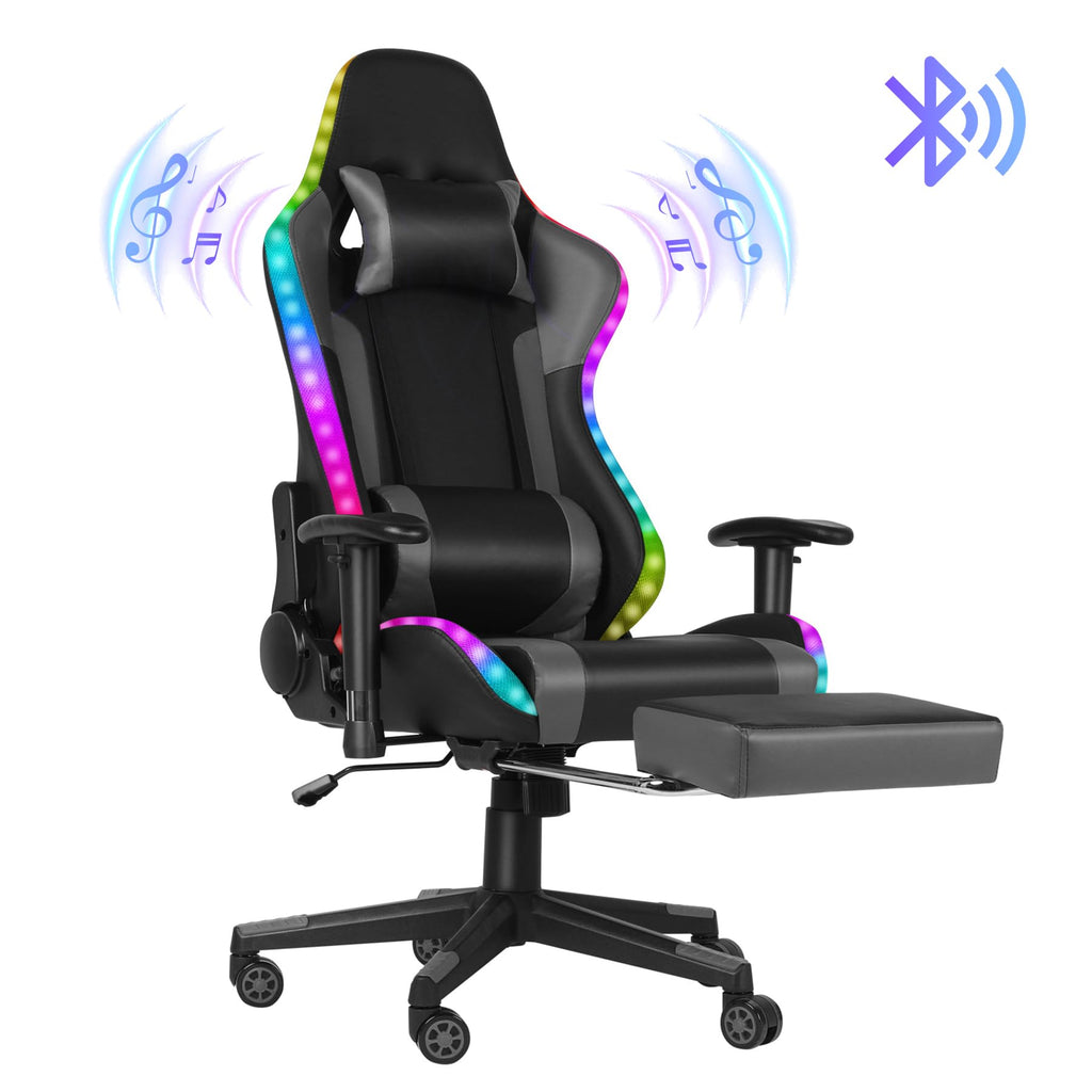Gaming Chair with Speakers, Video Game Chair with RGB LED Lights, Footrest, Ergonomic Racing Computer Gaming Recliner Chair Swivel E-Sports Chair with Lumbar Support Headrest Armrest, Black